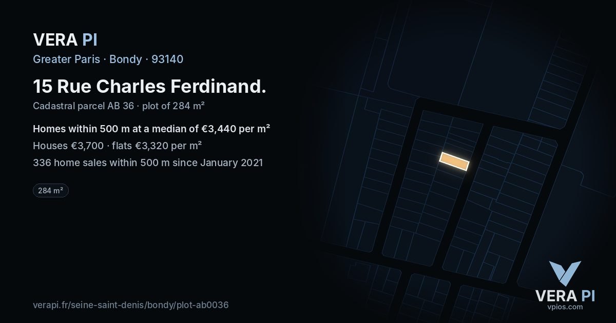 15 Rue Charles Ferdinand, Bondy at night – the plot lit, the parcels around coloured by the prices near them
