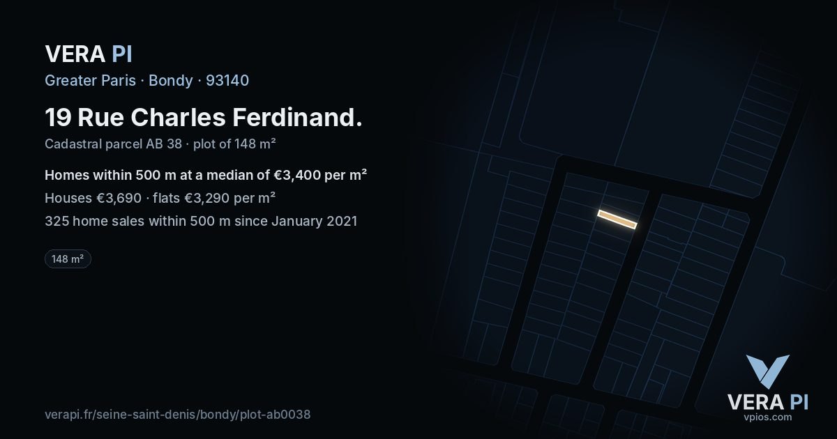 19 Rue Charles Ferdinand, Bondy at night – the plot lit, the parcels around coloured by the prices near them
