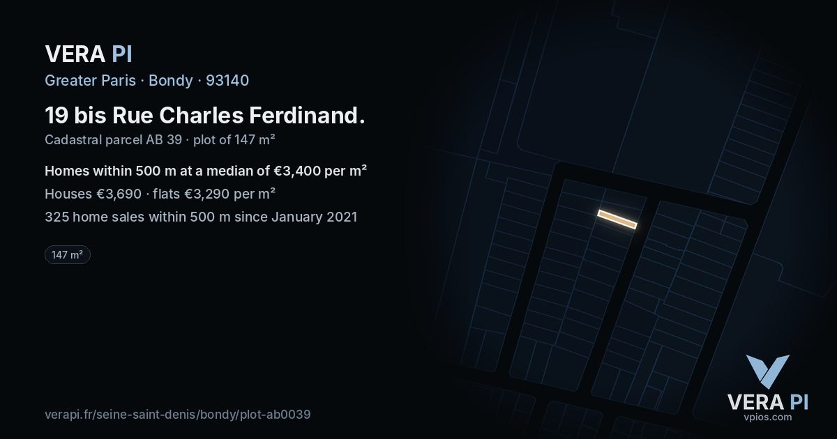 19 bis Rue Charles Ferdinand, Bondy at night – the plot lit, the parcels around coloured by the prices near them