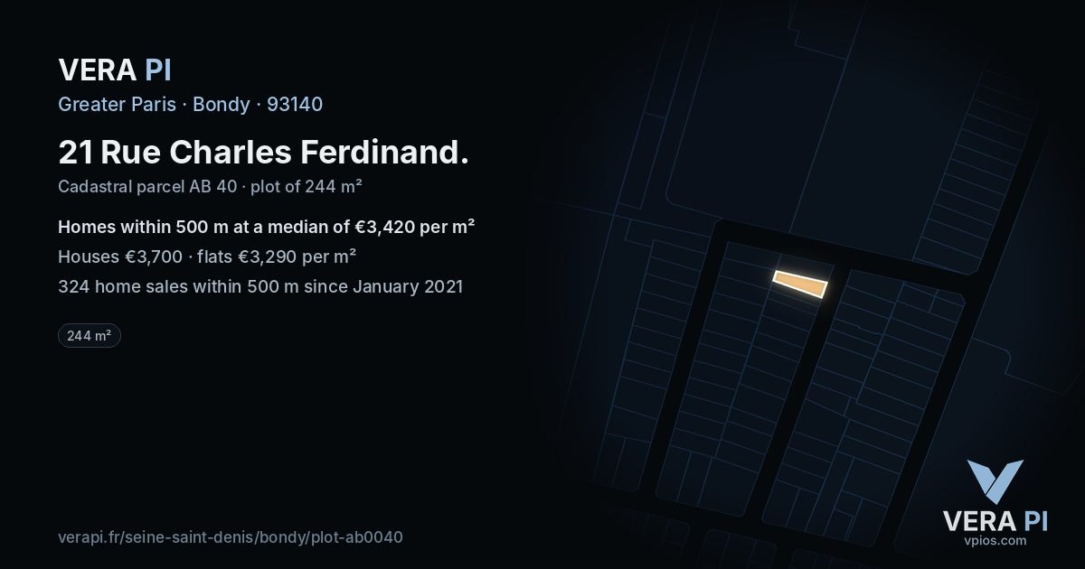 21 Rue Charles Ferdinand, Bondy at night – the plot lit, the parcels around coloured by the prices near them