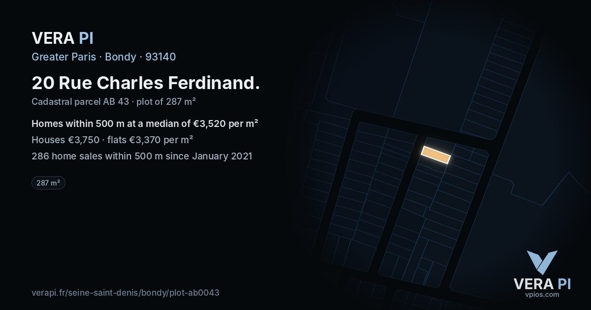 20 Rue Charles Ferdinand, Bondy at night – the plot lit, the parcels around coloured by the prices near them