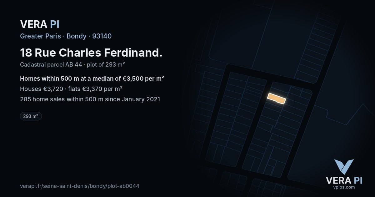 18 Rue Charles Ferdinand, Bondy at night – the plot lit, the parcels around coloured by the prices near them