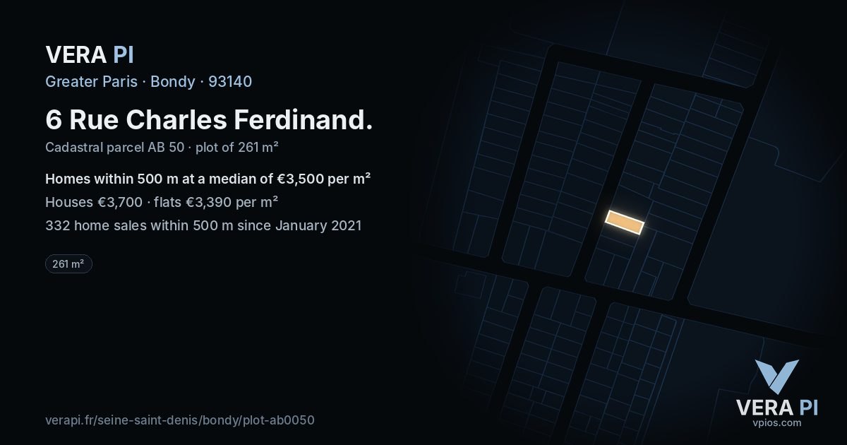 6 Rue Charles Ferdinand, Bondy at night – the plot lit, the parcels around coloured by the prices near them