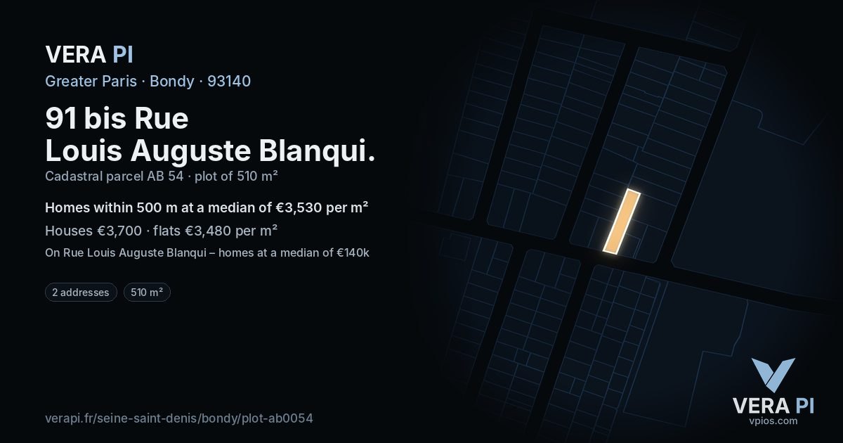 91 bis Rue Louis Auguste Blanqui, Bondy at night – the plot lit, the parcels around coloured by the prices near them