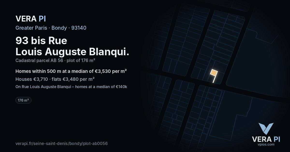 93 bis Rue Louis Auguste Blanqui, Bondy at night – the plot lit, the parcels around coloured by the prices near them