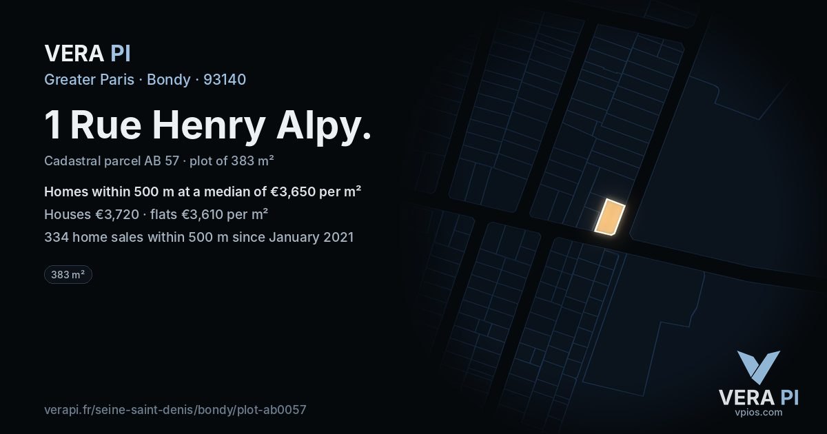 1 Rue Henry Alpy, Bondy at night – the plot lit, the parcels around coloured by the prices near them