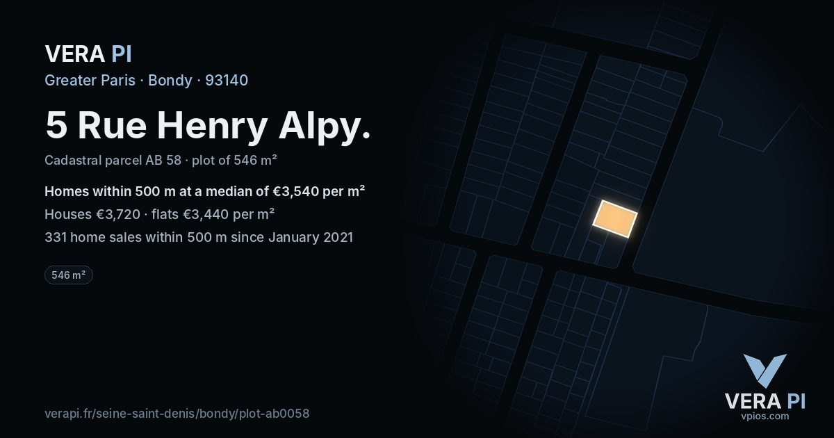 5 Rue Henry Alpy, Bondy at night – the plot lit, the parcels around coloured by the prices near them