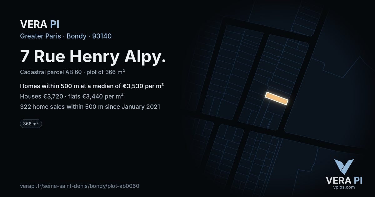 7 Rue Henry Alpy, Bondy at night – the plot lit, the parcels around coloured by the prices near them