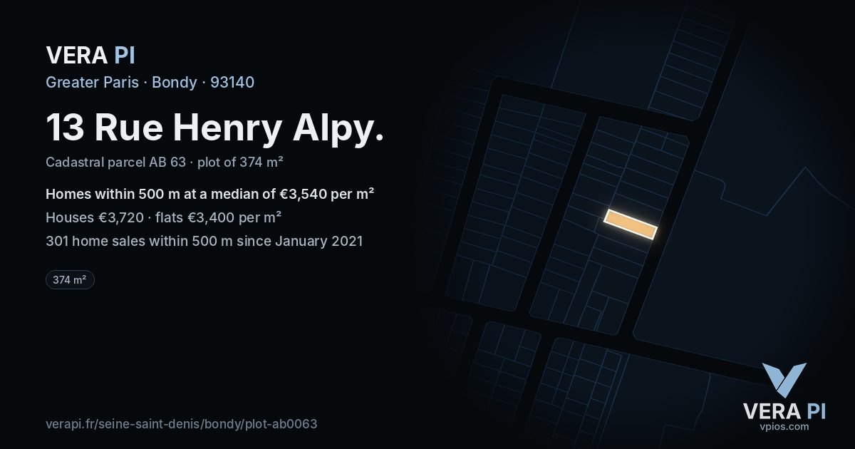 13 Rue Henry Alpy, Bondy at night – the plot lit, the parcels around coloured by the prices near them