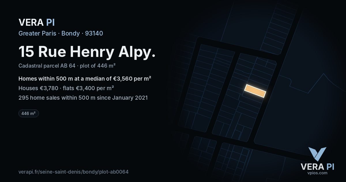 15 Rue Henry Alpy, Bondy at night – the plot lit, the parcels around coloured by the prices near them