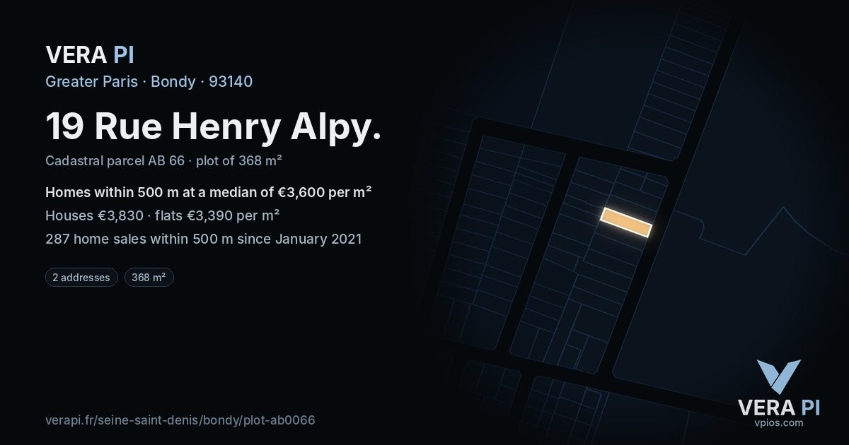 19 Rue Henry Alpy, Bondy at night – the plot lit, the parcels around coloured by the prices near them