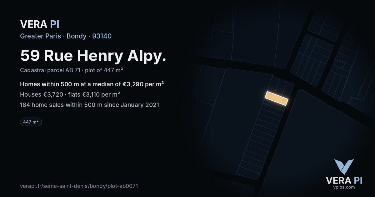 59 Rue Henry Alpy, Bondy at night – the plot lit, the parcels around coloured by the prices near them