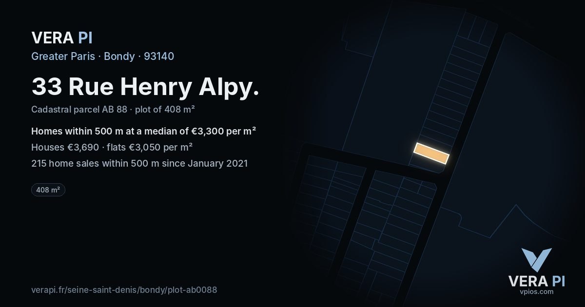 33 Rue Henry Alpy, Bondy at night – the plot lit, the parcels around coloured by the prices near them