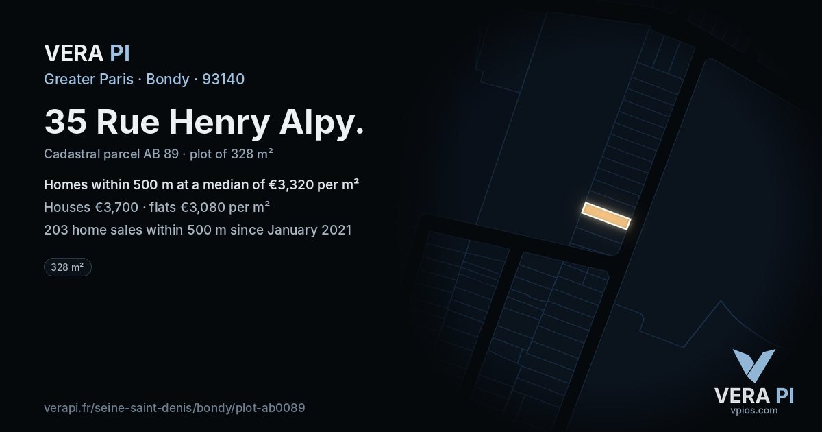 35 Rue Henry Alpy, Bondy at night – the plot lit, the parcels around coloured by the prices near them