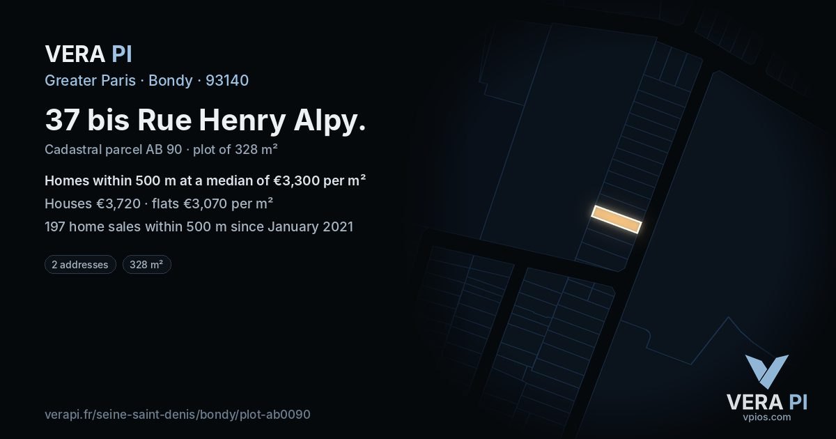 37 bis Rue Henry Alpy, Bondy at night – the plot lit, the parcels around coloured by the prices near them