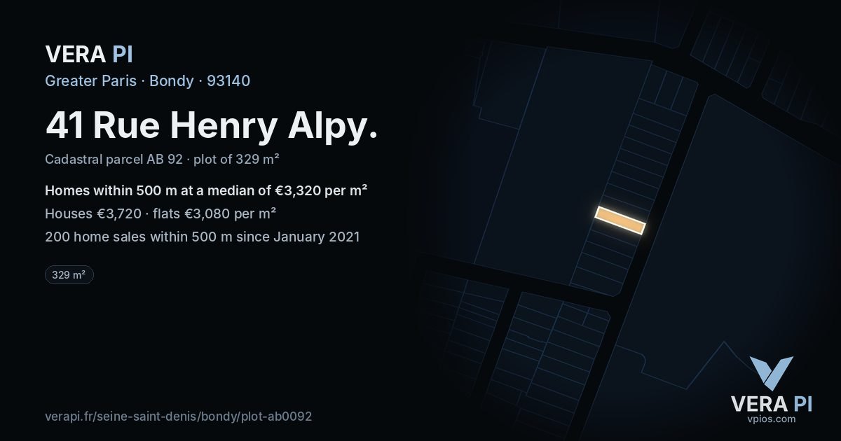 41 Rue Henry Alpy, Bondy at night – the plot lit, the parcels around coloured by the prices near them
