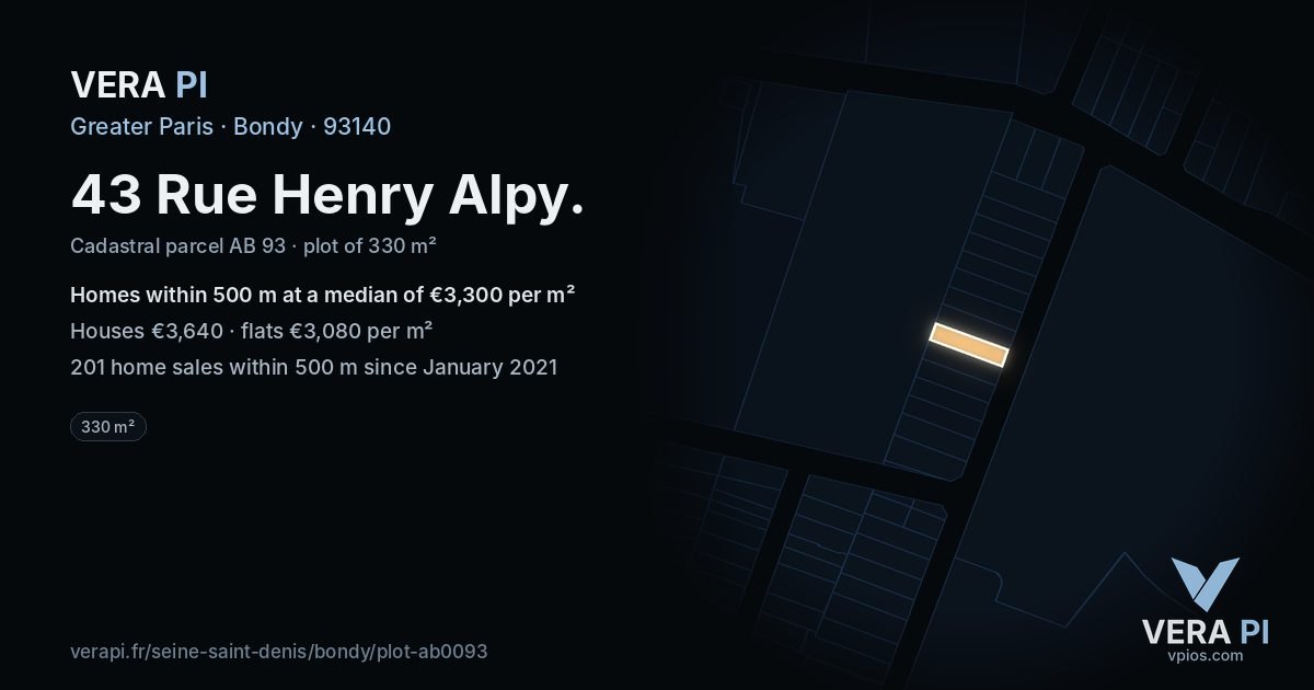 43 Rue Henry Alpy, Bondy at night – the plot lit, the parcels around coloured by the prices near them