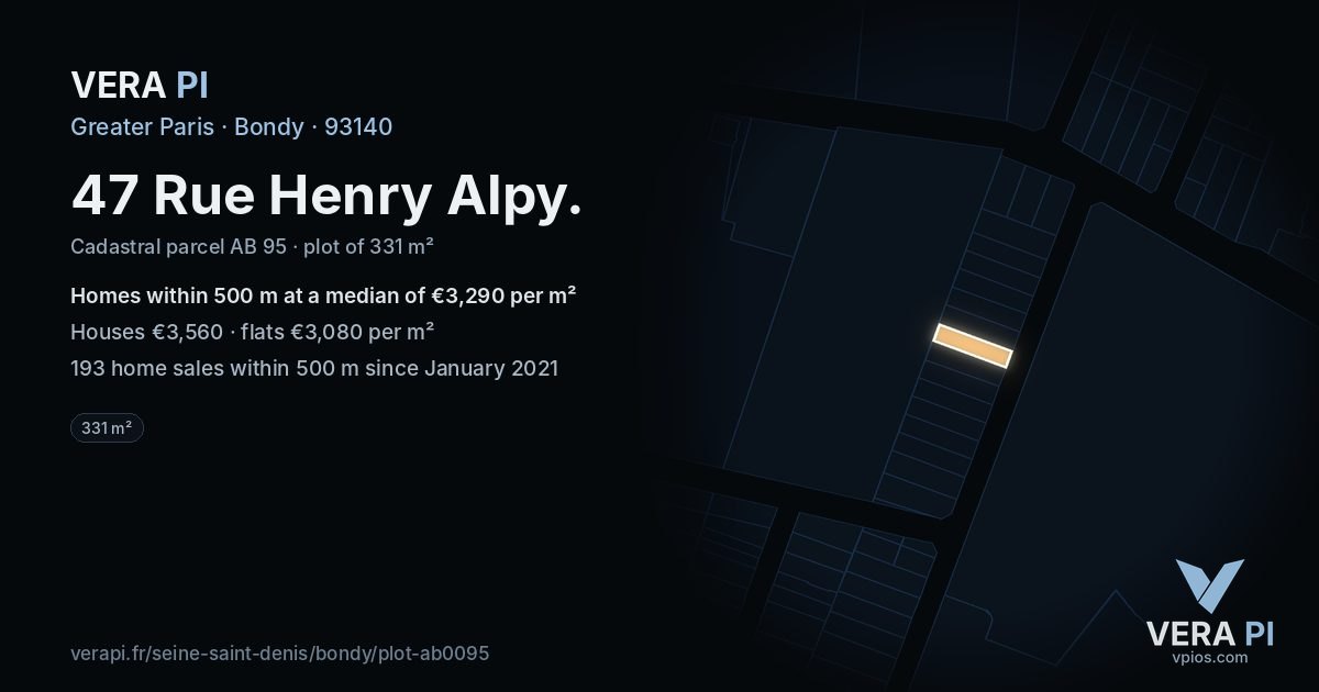 47 Rue Henry Alpy, Bondy at night – the plot lit, the parcels around coloured by the prices near them