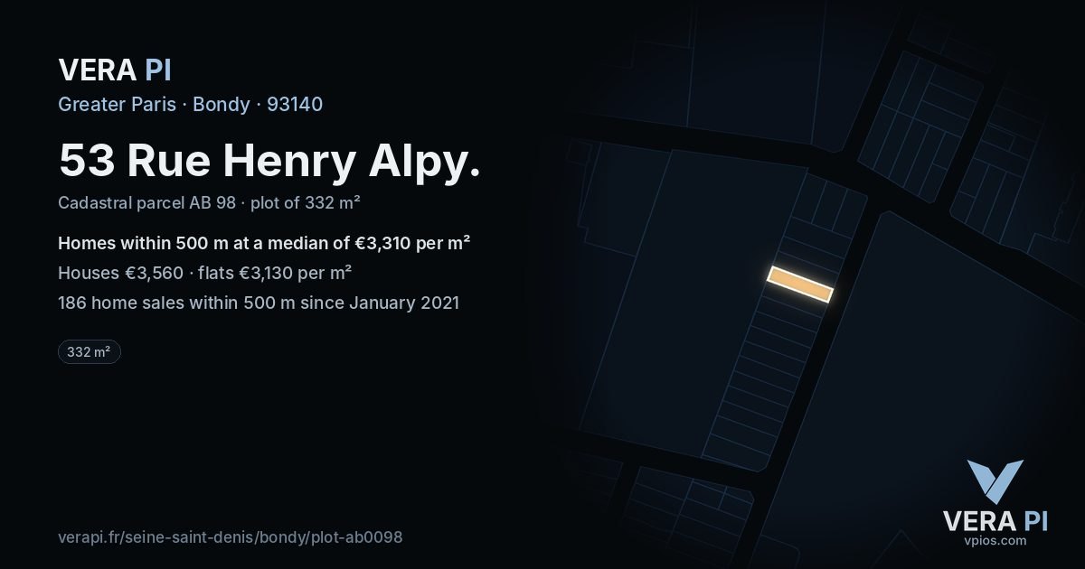 53 Rue Henry Alpy, Bondy at night – the plot lit, the parcels around coloured by the prices near them