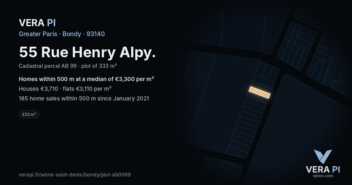 55 Rue Henry Alpy, Bondy at night – the plot lit, the parcels around coloured by the prices near them