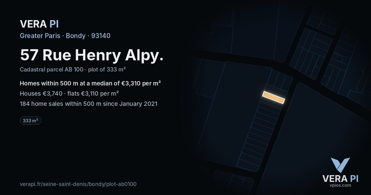 57 Rue Henry Alpy, Bondy at night – the plot lit, the parcels around coloured by the prices near them