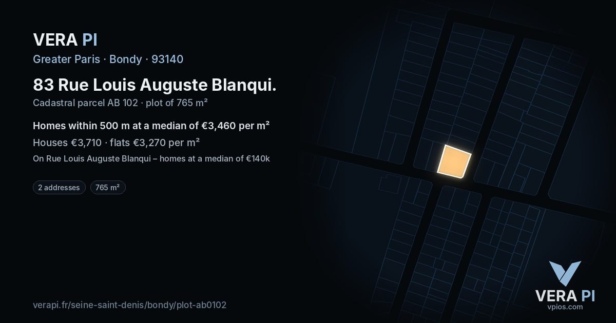 83 Rue Louis Auguste Blanqui, Bondy at night – the plot lit, the parcels around coloured by the prices near them
