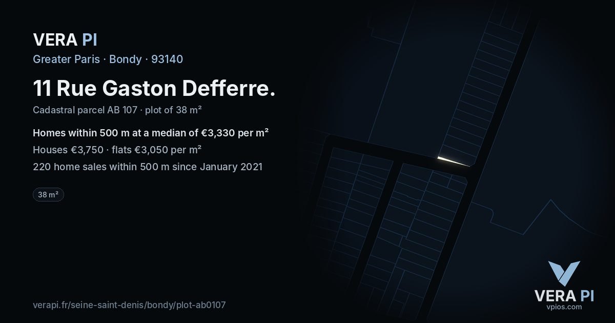11 Rue Gaston Defferre, Bondy at night – the plot lit, the parcels around coloured by the prices near them