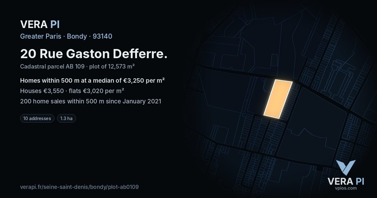 20 Rue Gaston Defferre, Bondy at night – the plot lit, the parcels around coloured by the prices near them