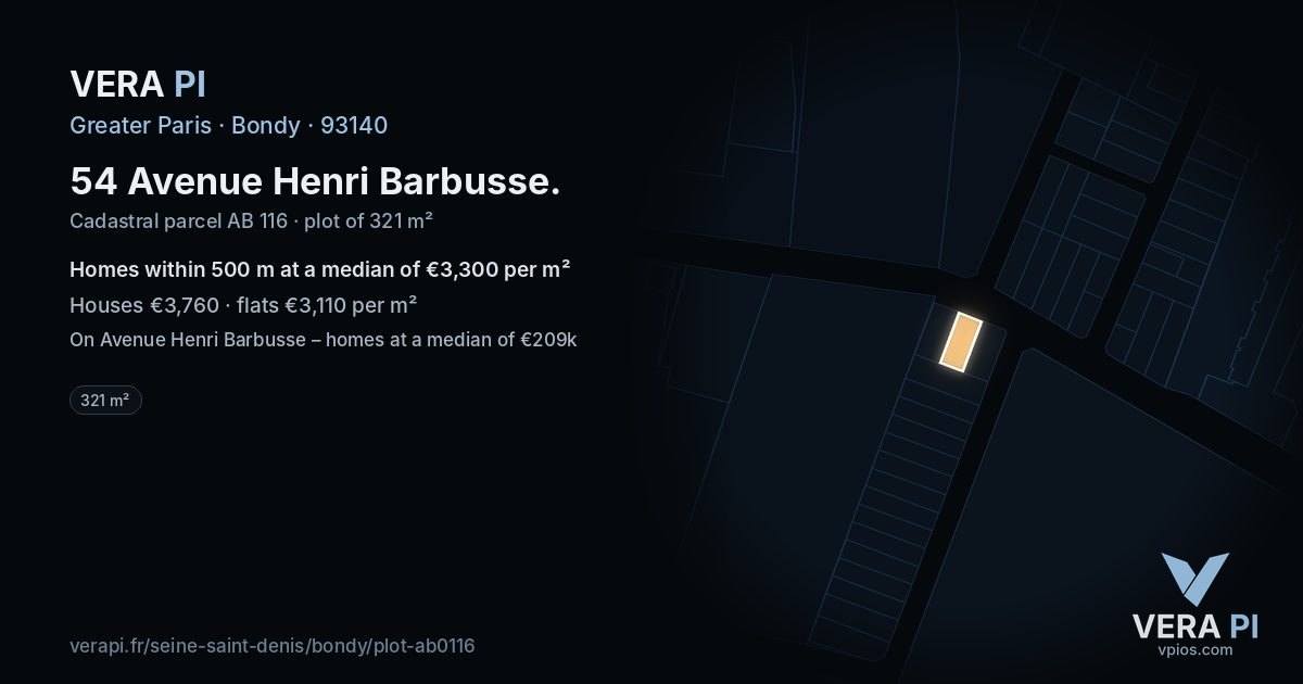 54 Avenue Henri Barbusse, Bondy at night – the plot lit, the parcels around coloured by the prices near them