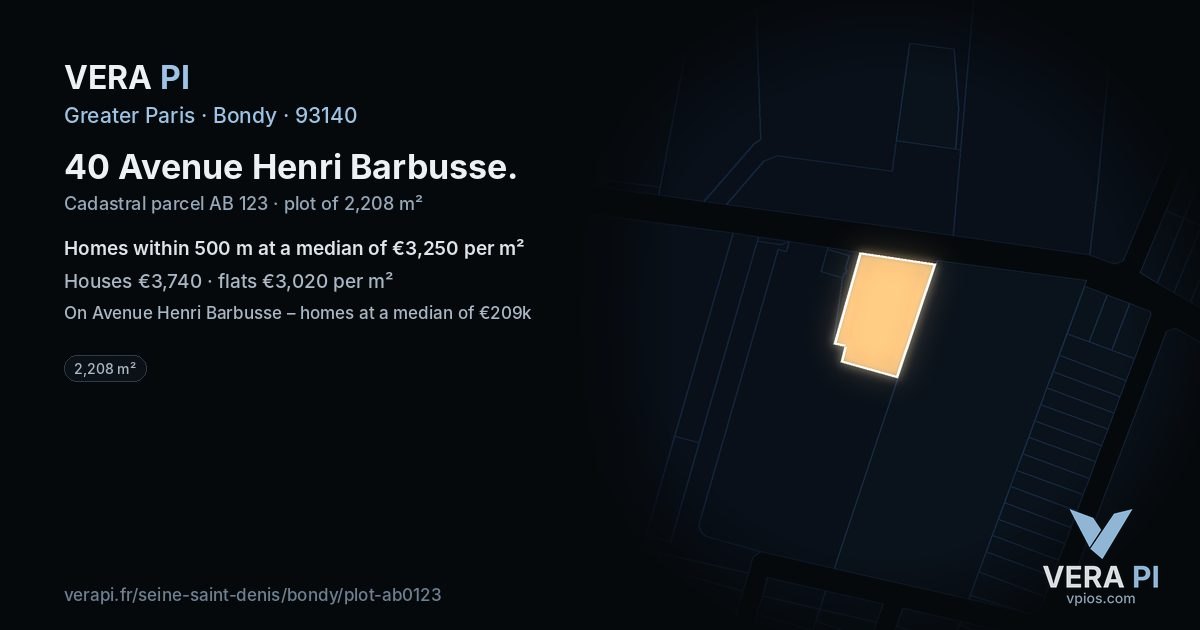 40 Avenue Henri Barbusse, Bondy at night – the plot lit, the parcels around coloured by the prices near them