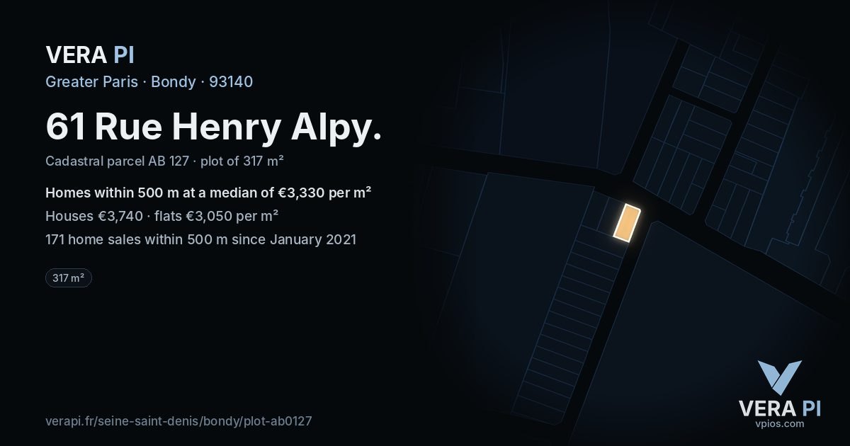 61 Rue Henry Alpy, Bondy at night – the plot lit, the parcels around coloured by the prices near them