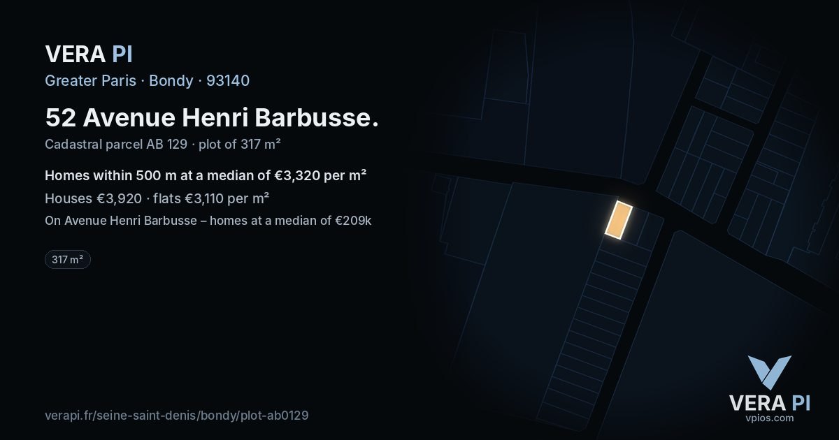 52 Avenue Henri Barbusse, Bondy at night – the plot lit, the parcels around coloured by the prices near them