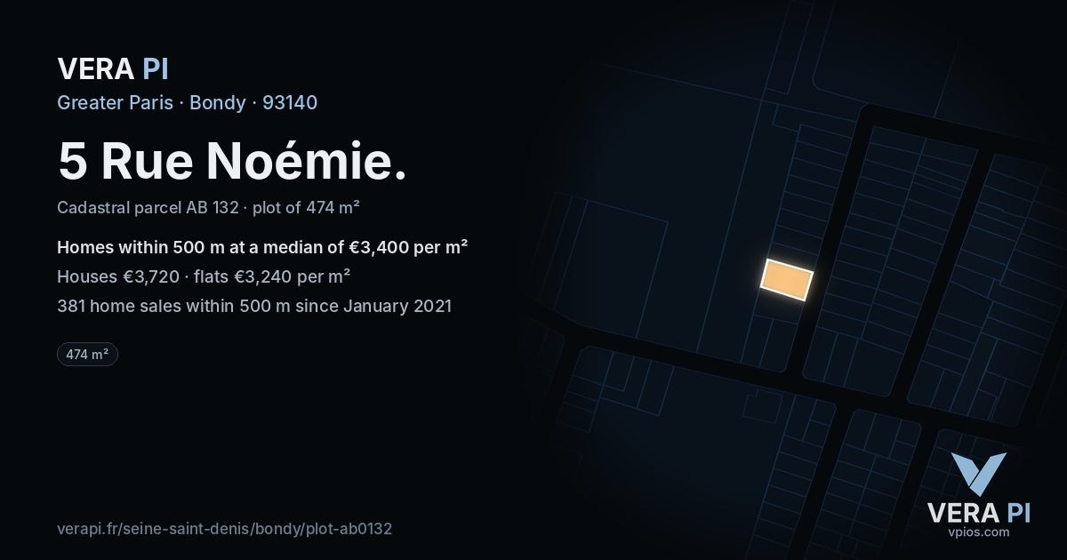 5 Rue Noémie, Bondy at night – the plot lit, the parcels around coloured by the prices near them
