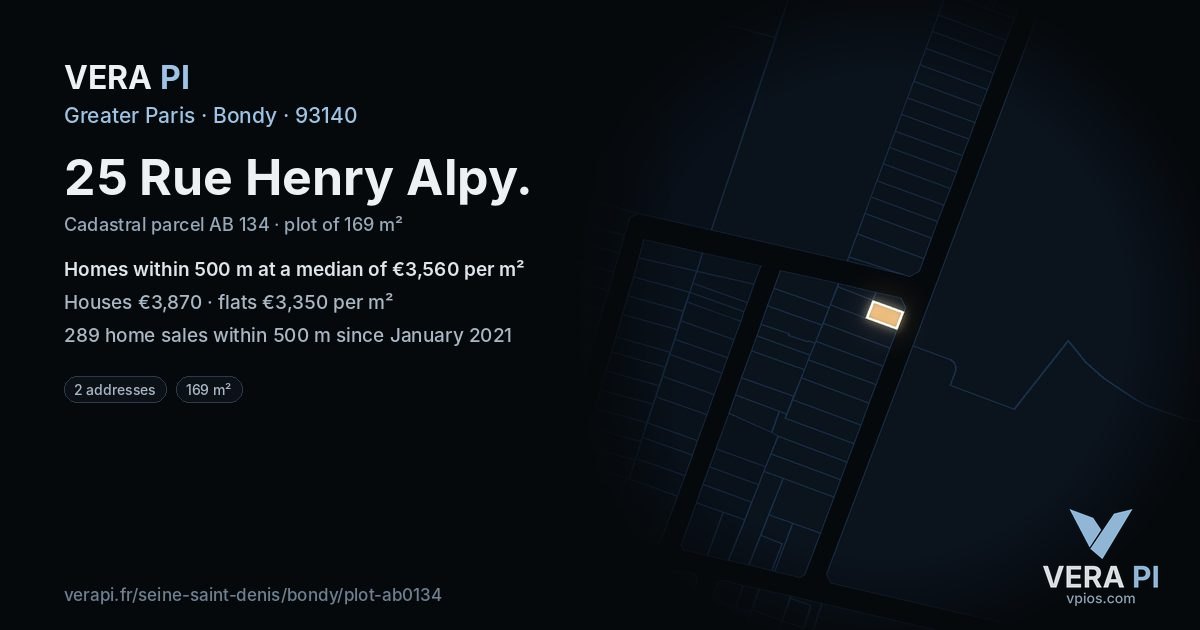 25 Rue Henry Alpy, Bondy at night – the plot lit, the parcels around coloured by the prices near them