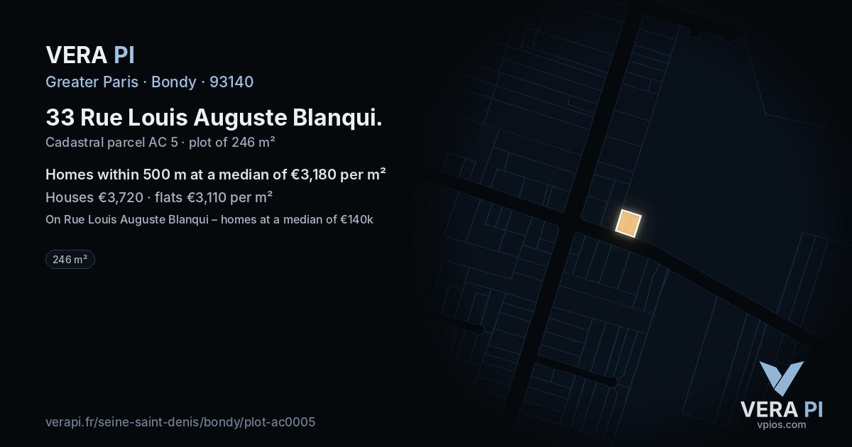 33 Rue Louis Auguste Blanqui, Bondy at night – the plot lit, the parcels around coloured by the prices near them