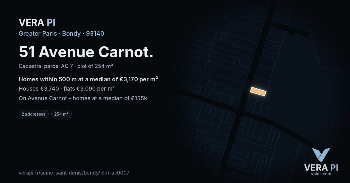 51 Avenue Carnot, Bondy at night – the plot lit, the parcels around coloured by the prices near them