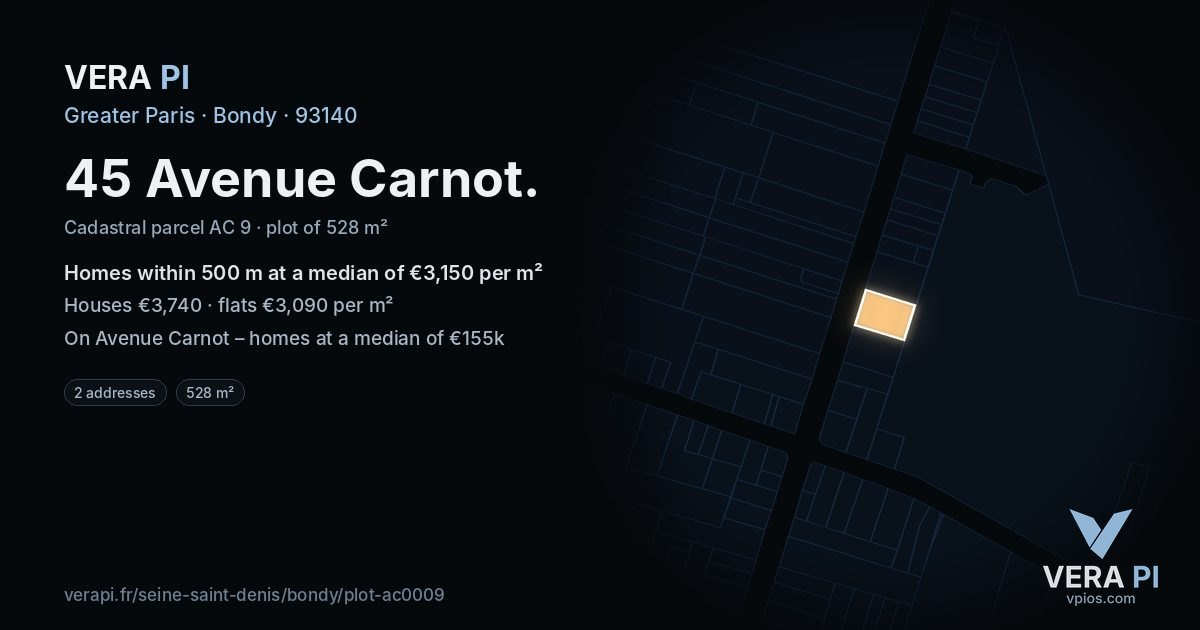 45 Avenue Carnot, Bondy at night – the plot lit, the parcels around coloured by the prices near them