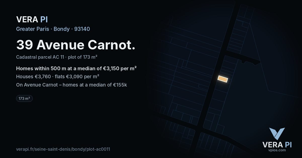 39 Avenue Carnot, Bondy at night – the plot lit, the parcels around coloured by the prices near them