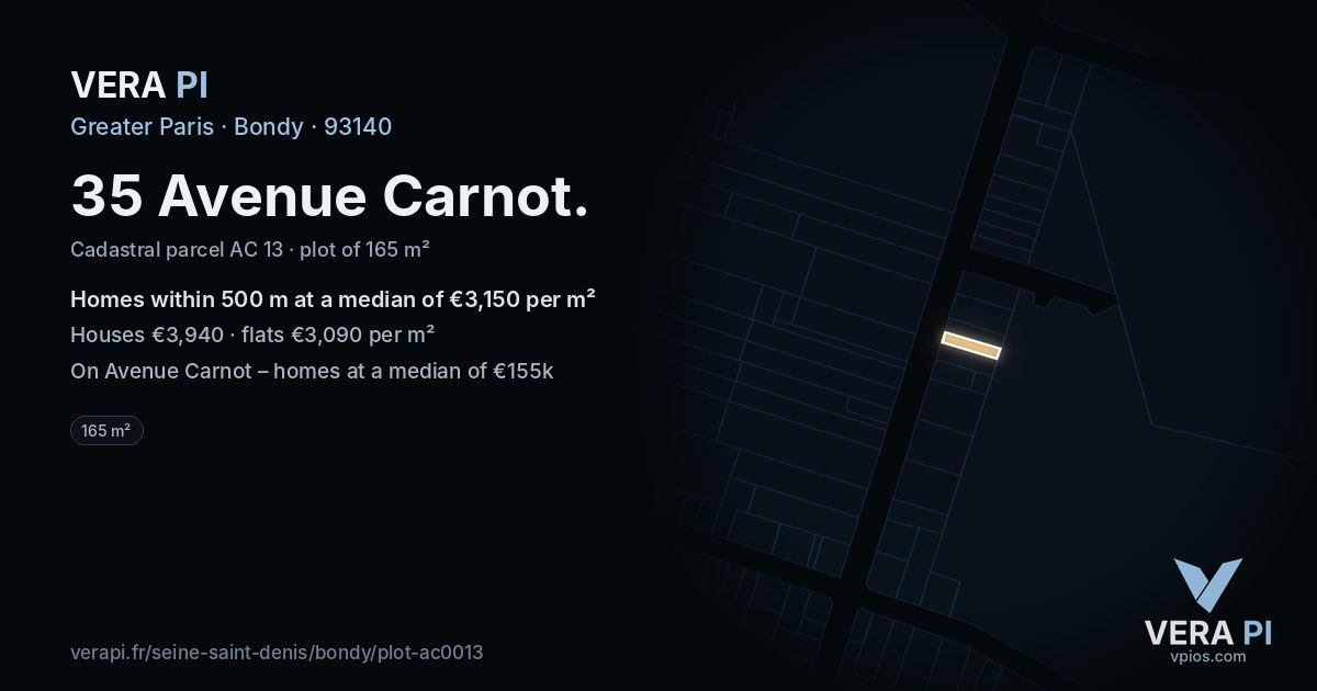 35 Avenue Carnot, Bondy at night – the plot lit, the parcels around coloured by the prices near them