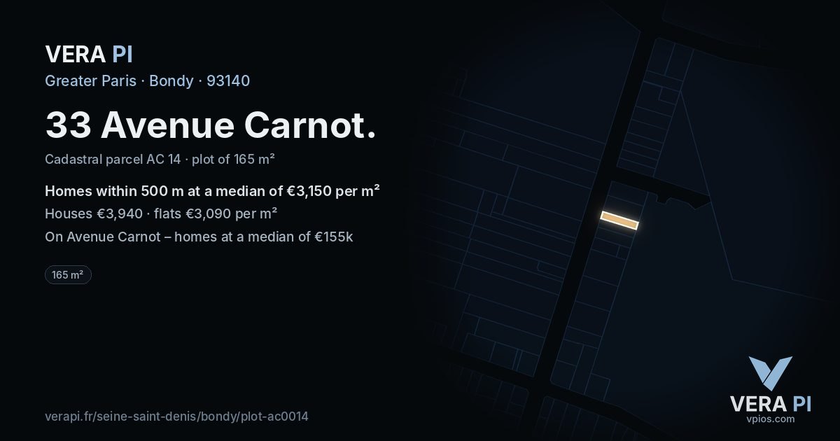 33 Avenue Carnot, Bondy at night – the plot lit, the parcels around coloured by the prices near them
