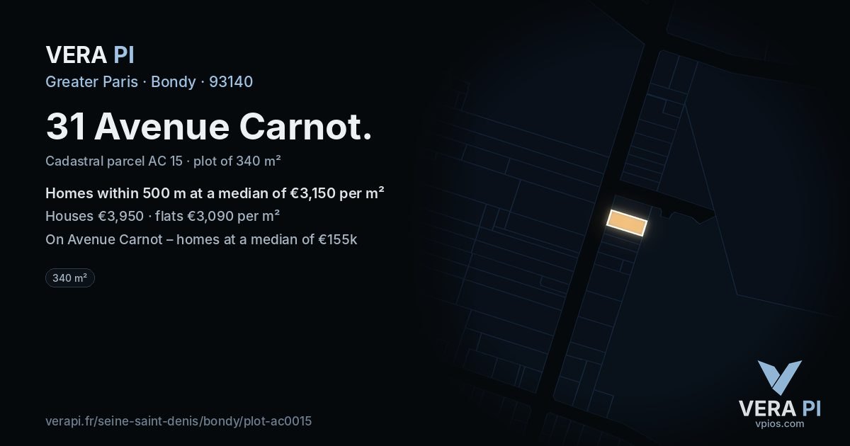 31 Avenue Carnot, Bondy at night – the plot lit, the parcels around coloured by the prices near them