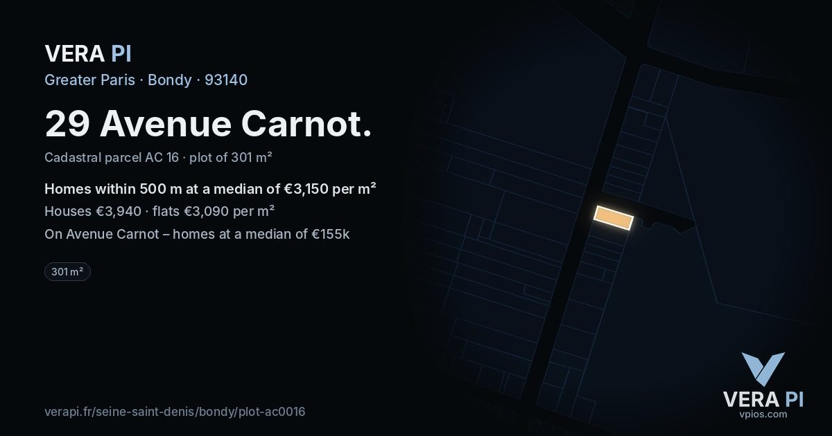 29 Avenue Carnot, Bondy at night – the plot lit, the parcels around coloured by the prices near them