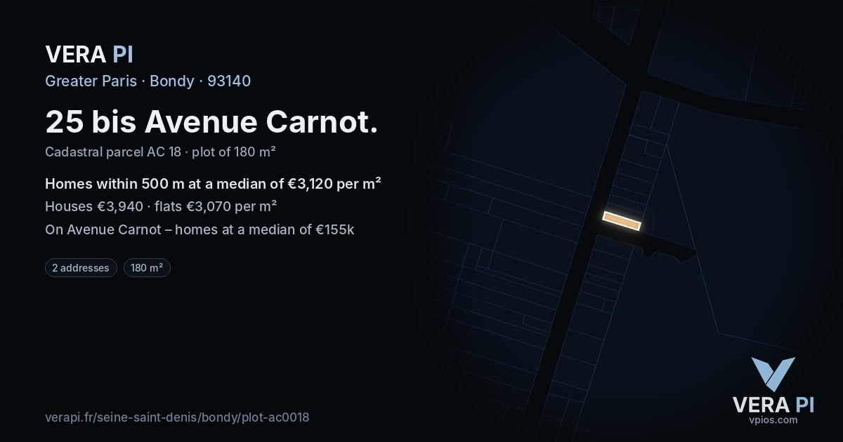 25 bis Avenue Carnot, Bondy at night – the plot lit, the parcels around coloured by the prices near them