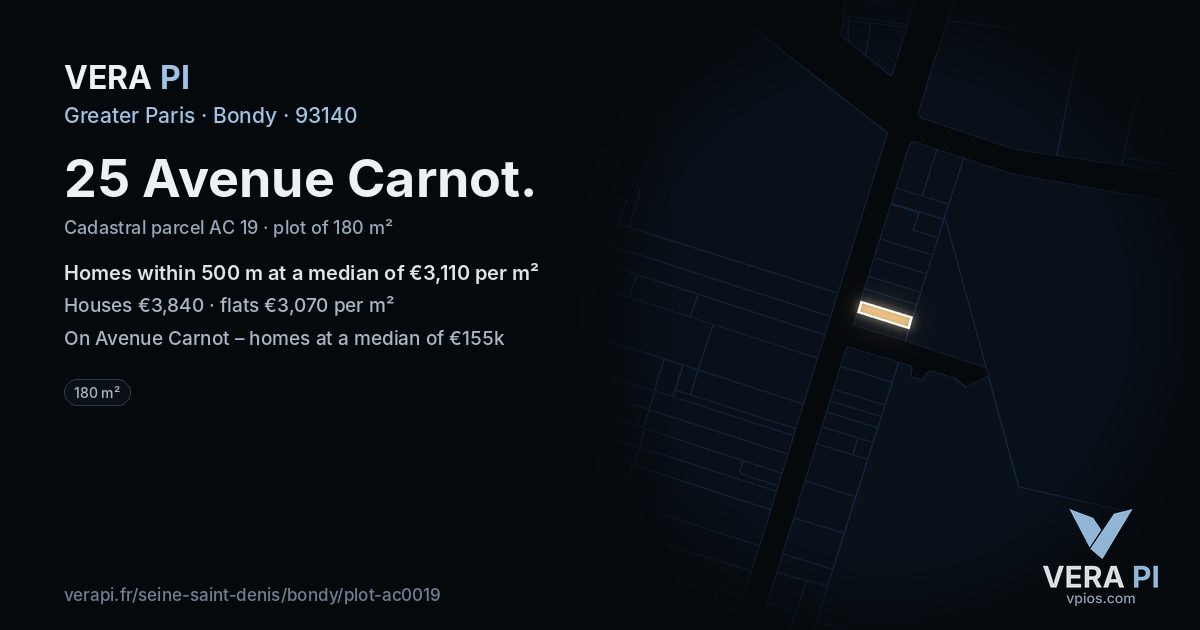 25 Avenue Carnot, Bondy at night – the plot lit, the parcels around coloured by the prices near them