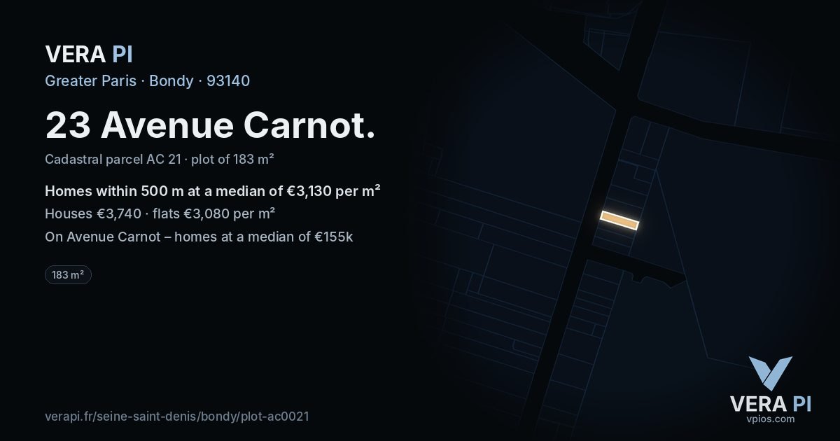 23 Avenue Carnot, Bondy at night – the plot lit, the parcels around coloured by the prices near them