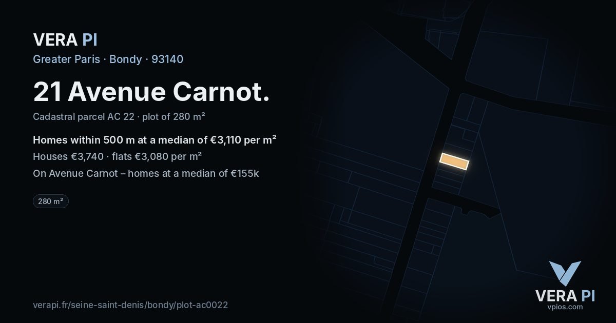21 Avenue Carnot, Bondy at night – the plot lit, the parcels around coloured by the prices near them