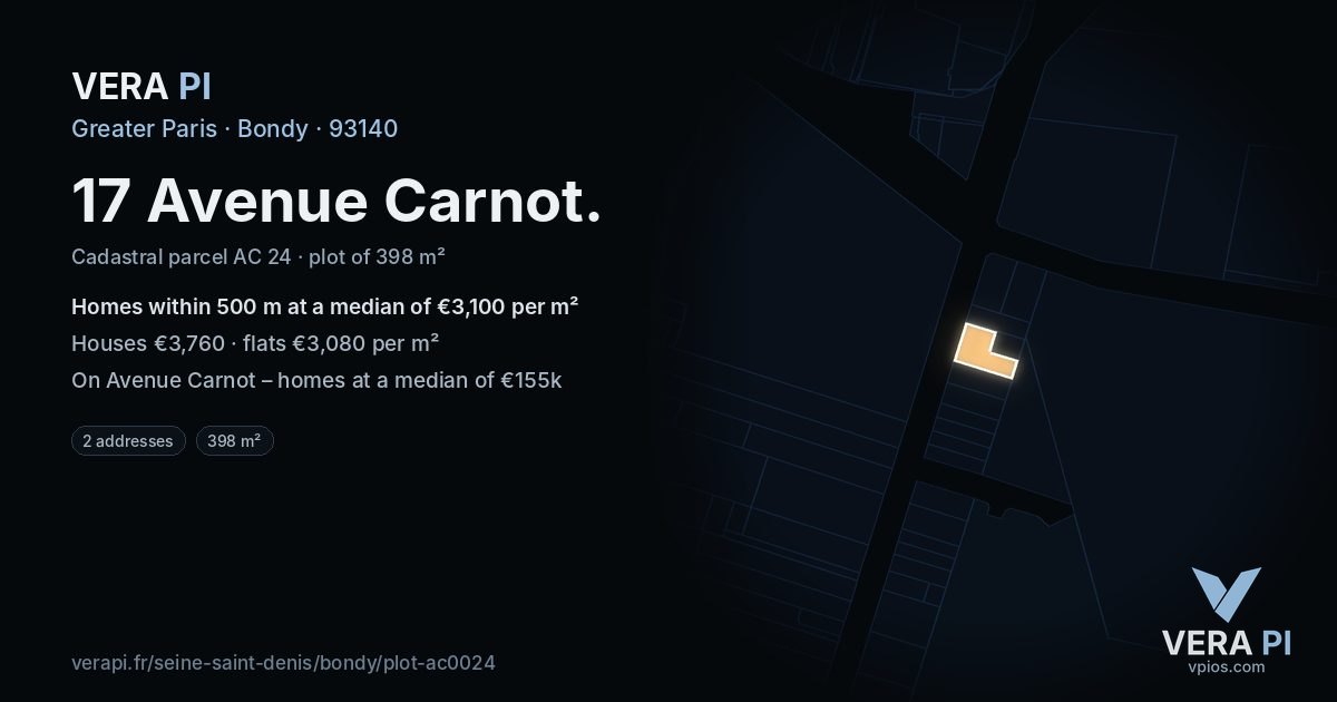 17 Avenue Carnot, Bondy at night – the plot lit, the parcels around coloured by the prices near them