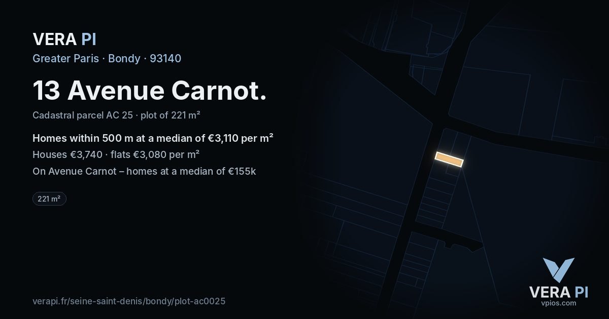 13 Avenue Carnot, Bondy at night – the plot lit, the parcels around coloured by the prices near them