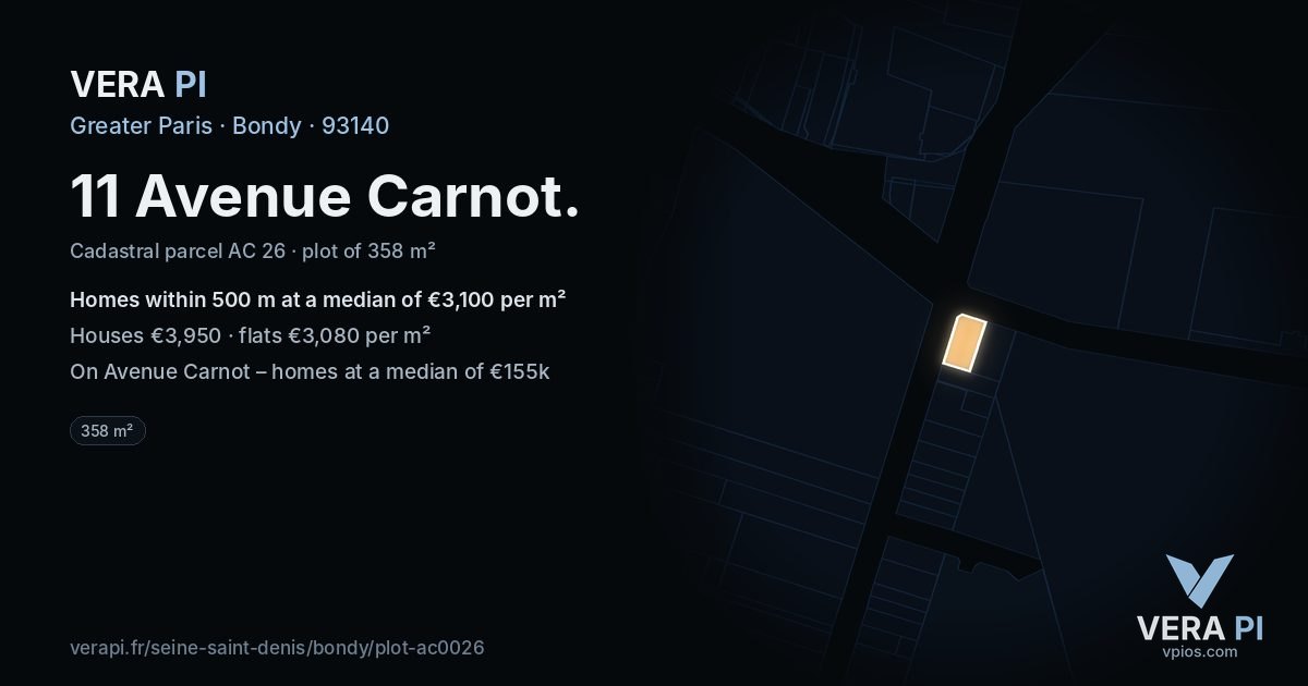 11 Avenue Carnot, Bondy at night – the plot lit, the parcels around coloured by the prices near them