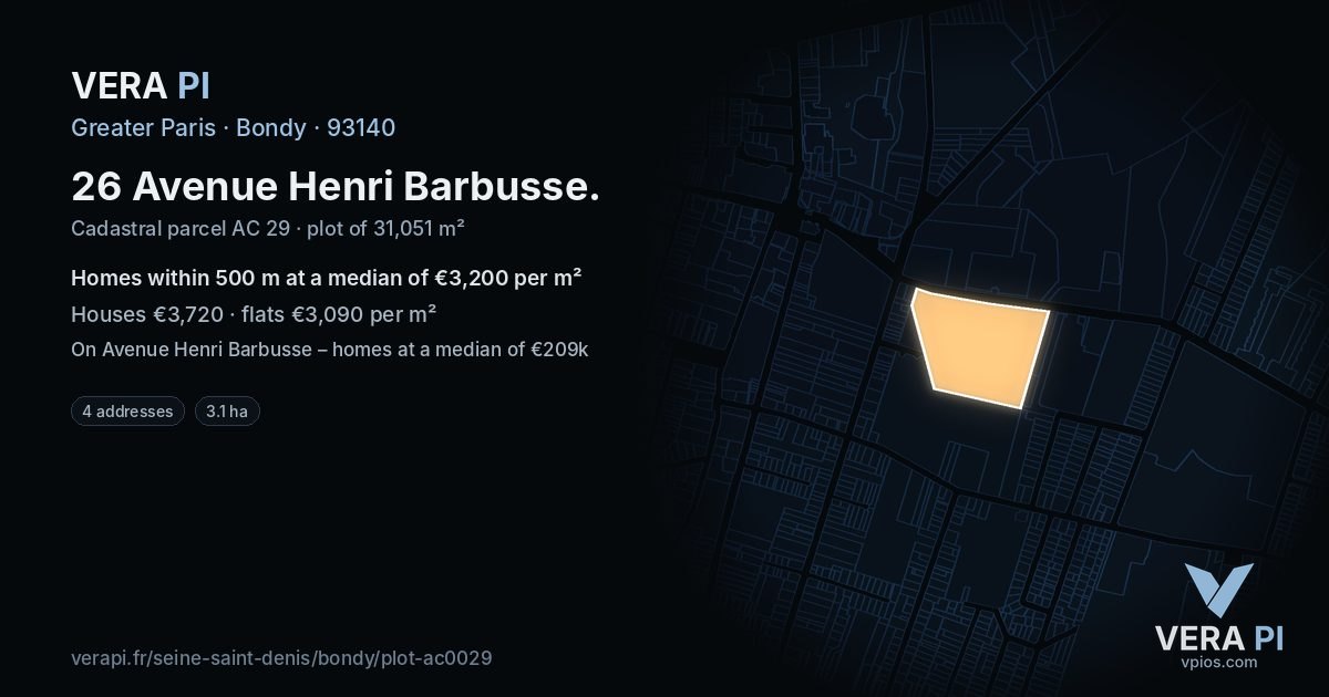 26 Avenue Henri Barbusse, Bondy at night – the plot lit, the parcels around coloured by the prices near them